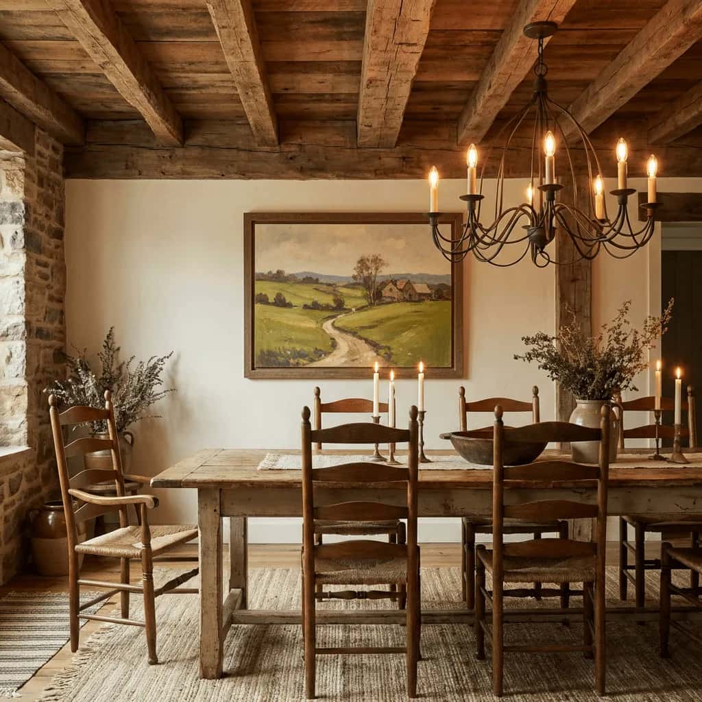 The same dining room with an AI-generated countryside landscape painting on the wall