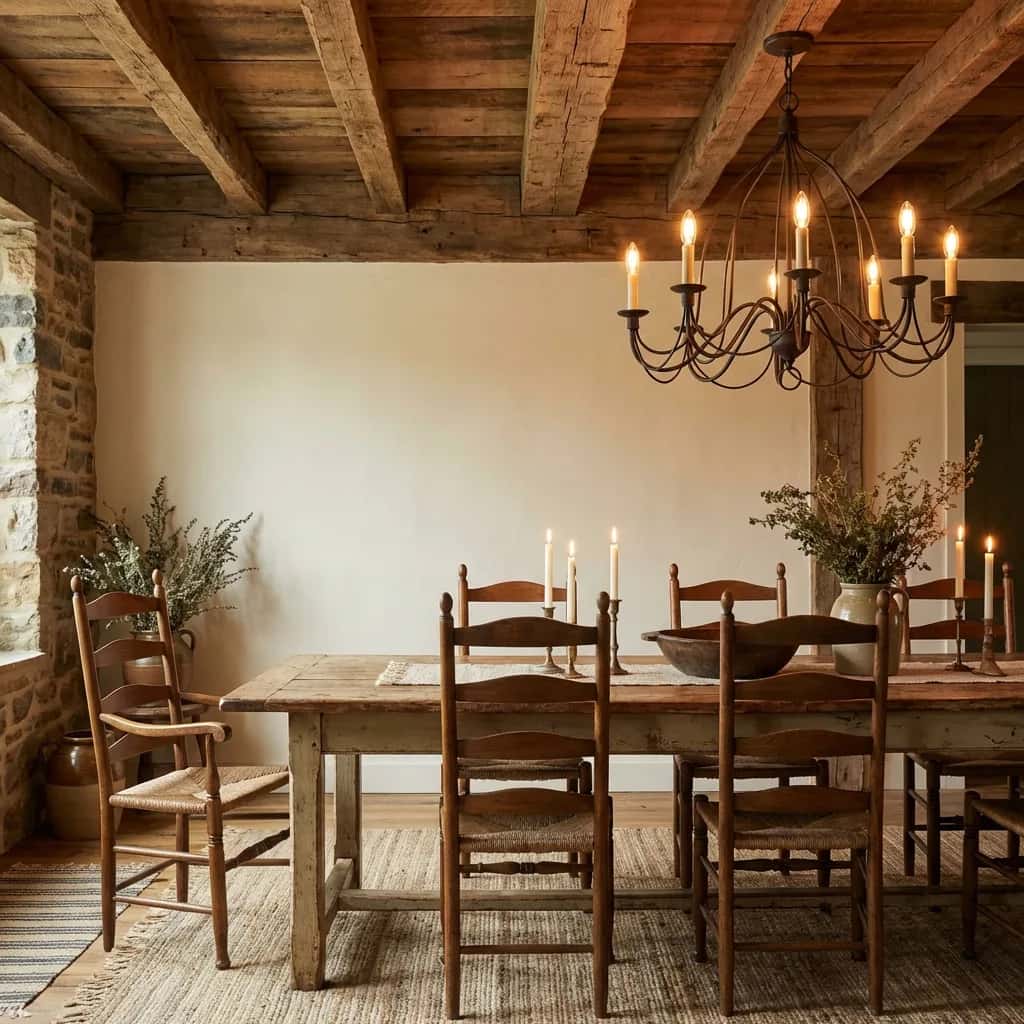 Rustic dining room with wooden ceiling beams and a bare cream wall above the table
