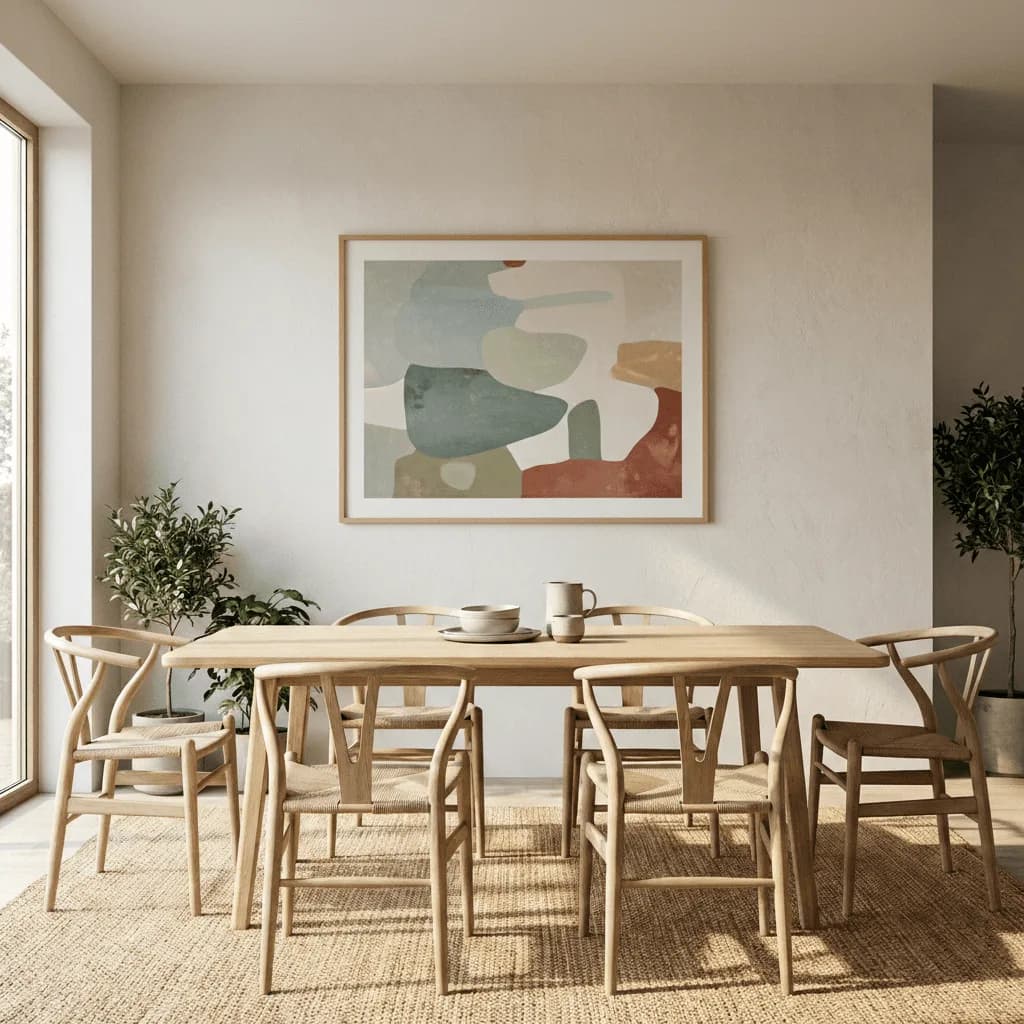 Bright Scandinavian dining room with an abstract painting in sage, blue and terracotta above an oak table