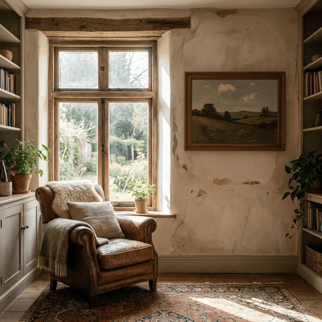 Cottage reading nook with a leather armchair by the window and a framed pastoral landscape on the plaster wall