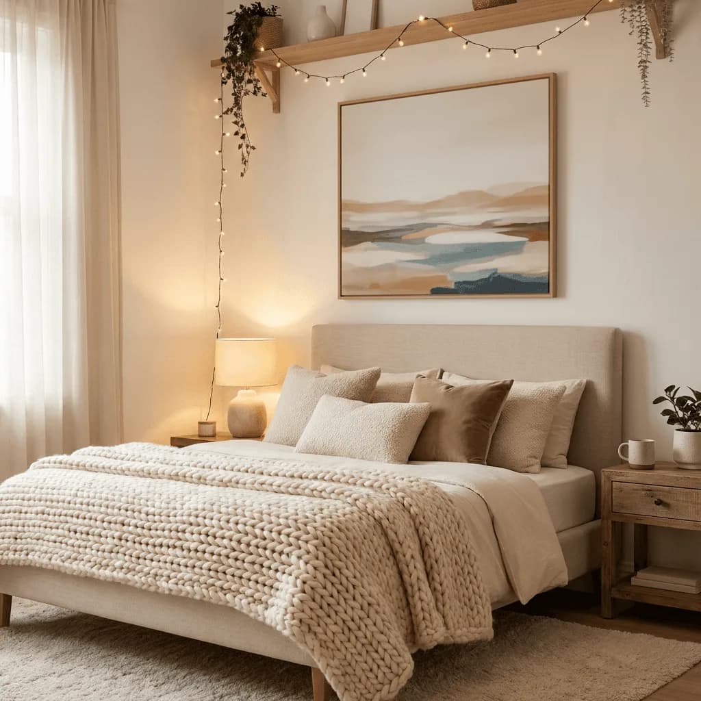 Cozy neutral bedroom with a soft abstract landscape in sand and blue tones above a linen bed