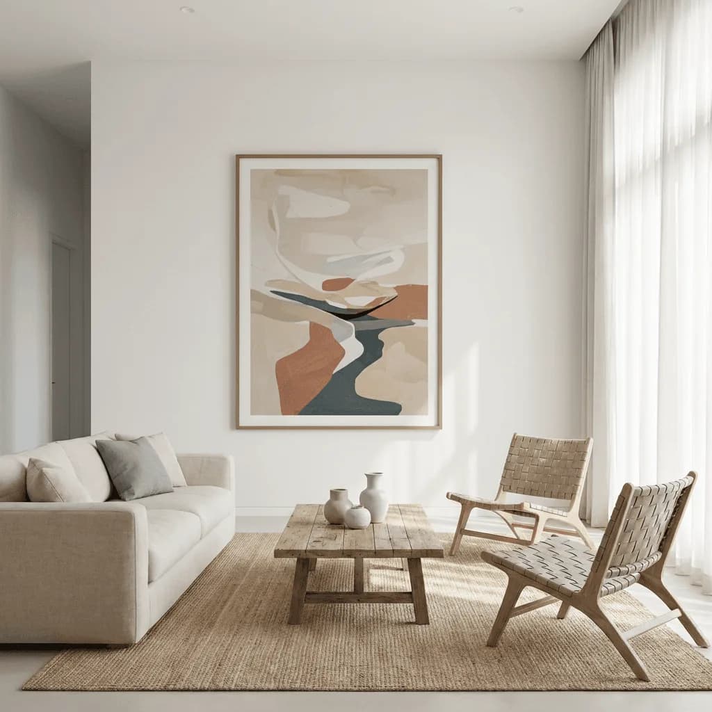Minimalist living room with a tall abstract canvas in beige, rust and slate blue behind a rustic coffee table