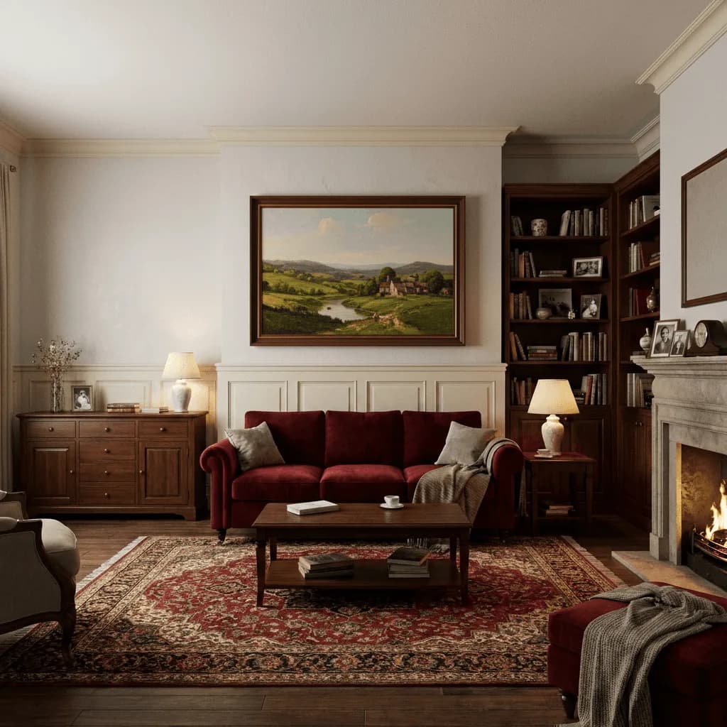 Traditional living room with a framed countryside landscape painting above a burgundy sofa