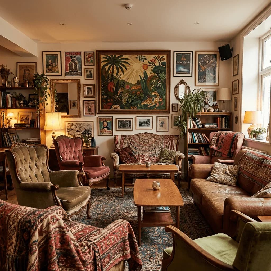 Eclectic vintage lounge with a large jungle painting at the center of a gallery wall of framed prints