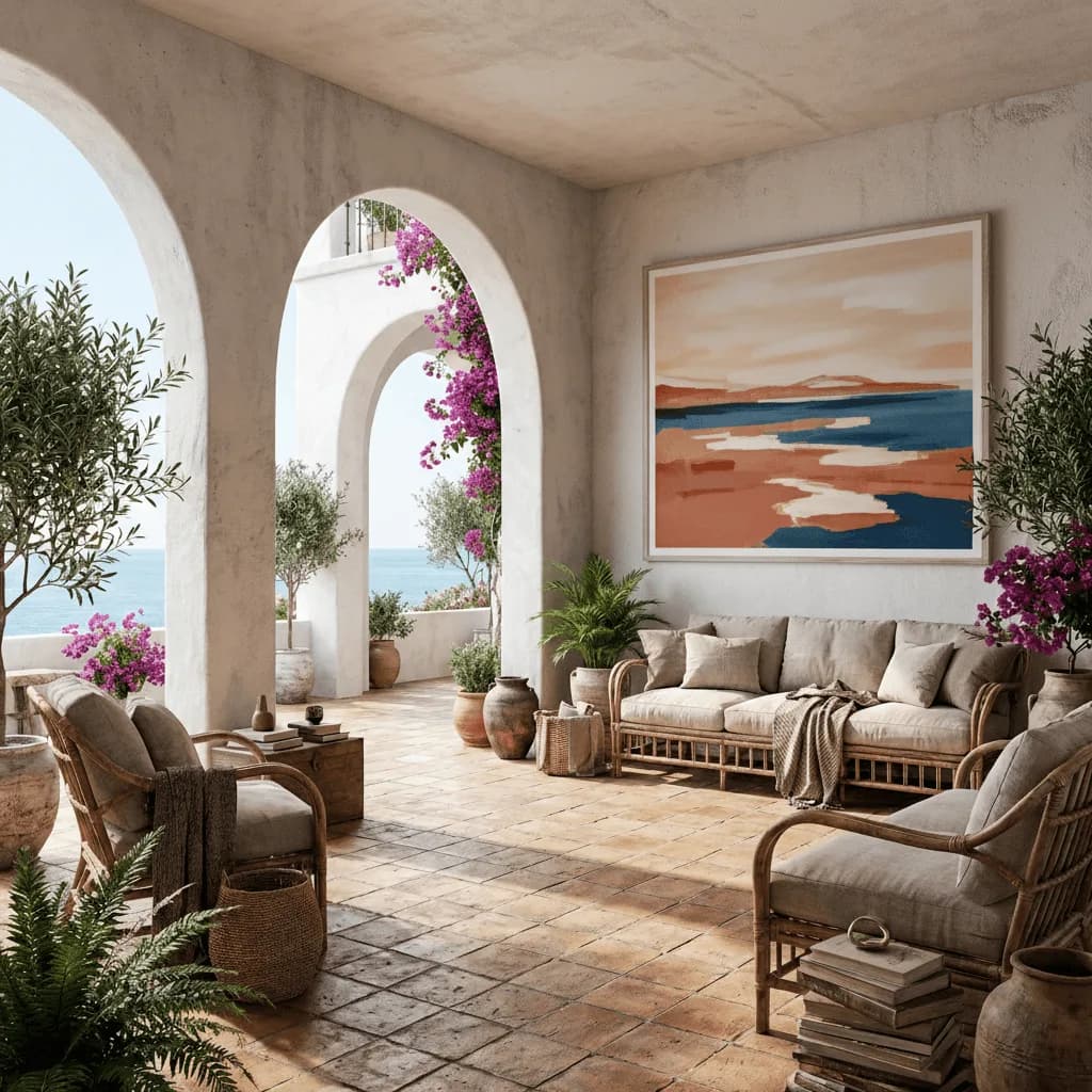 Mediterranean terrace with arches and bougainvillea, and an abstract seascape in coral and blue above a rattan sofa