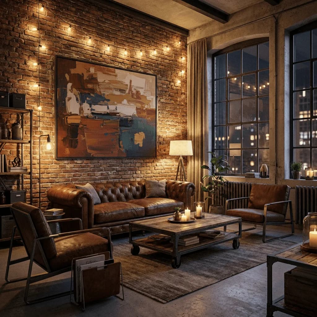 Industrial loft with a large textured abstract painting in rust, cream and teal on an exposed brick wall above a leather sofa